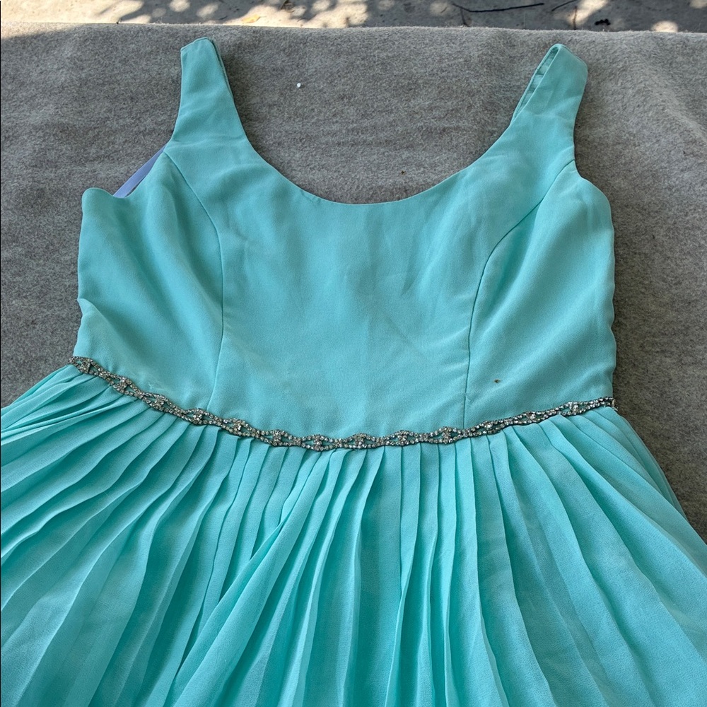 Aqua Sleeveless Pleated Formal Dress with Beaded Waist